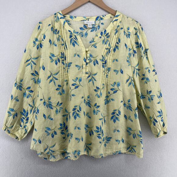 J. Jill Tops - J.JILL Top PM Petite Love Linen Watercolor Printed Pintuck 3/4 Sleeve Yellow